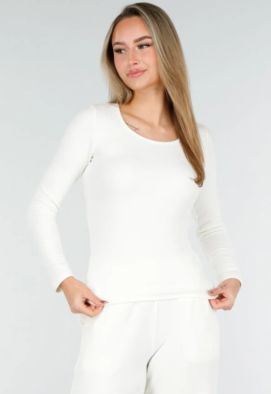 Witte Zachte Stretch Top met Ronde Hals en Lange Mouwen