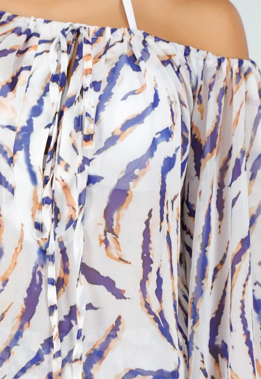 Witte Zebra Print Off Shoulder Jurk met Bandana en Striksluiting