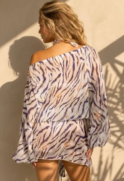 Witte Zebra Print Off Shoulder Jurk met Bandana en Striksluiting