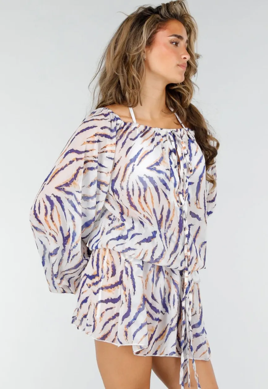 Witte Zebra Print Off Shoulder Jurk met Bandana en Striksluiting