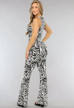 Witte Zebraprint Tall Flair Broek met Elastische Taille