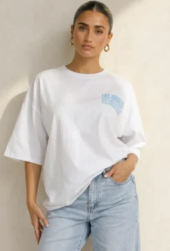 Wit T-shirt met Blauwe Backprint, Ronde Hals en Korte Mouwen