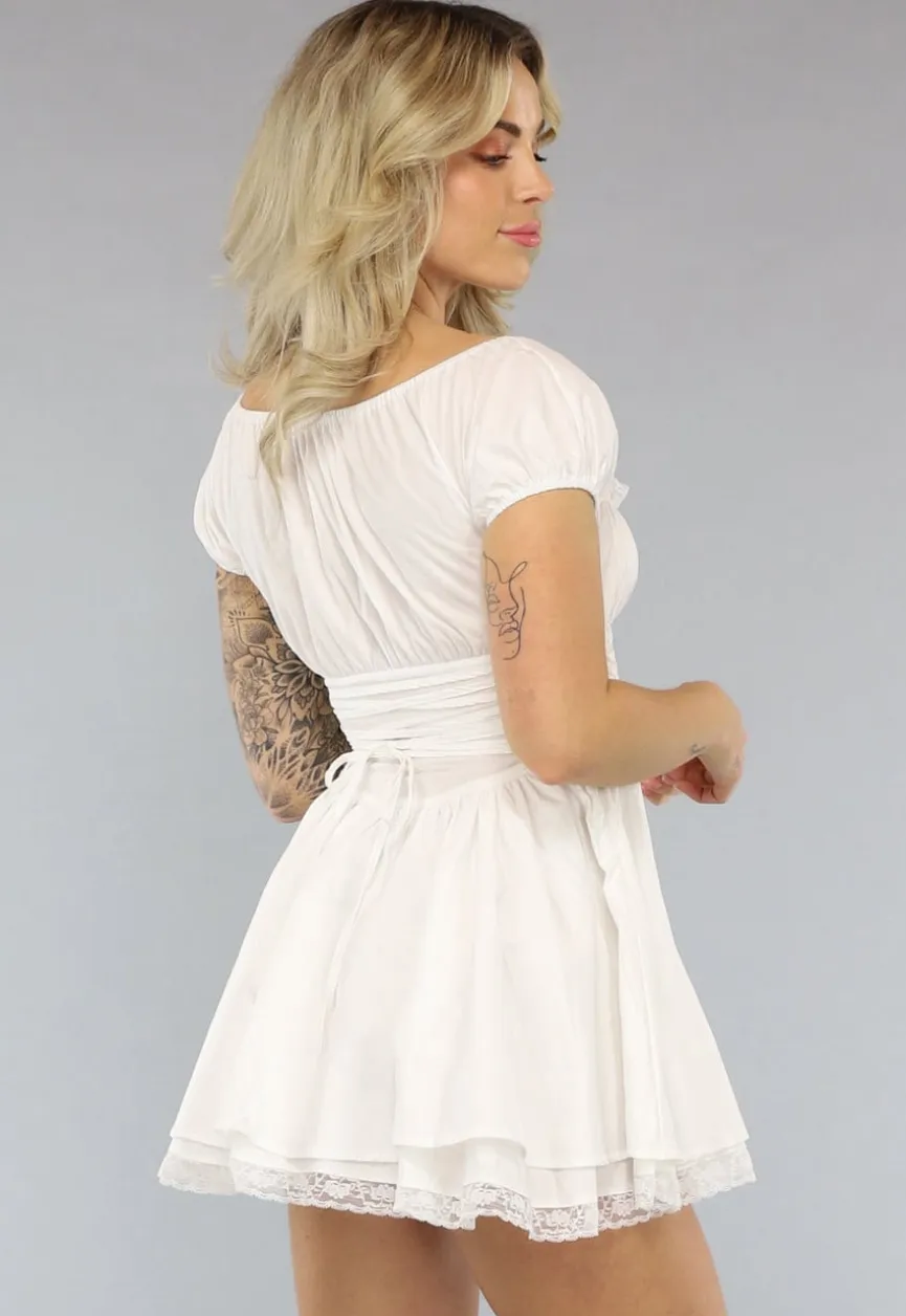 Wit Vintage Look Jurkje met Korset Taille