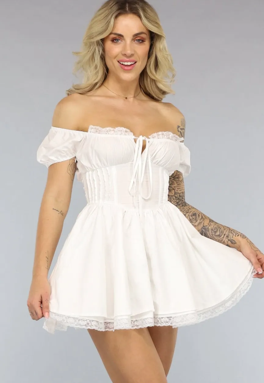 Wit Vintage Look Jurkje met Korset Taille