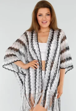 Wit-Zwarte Cover-Up met Zigzagpatroon en Franjes