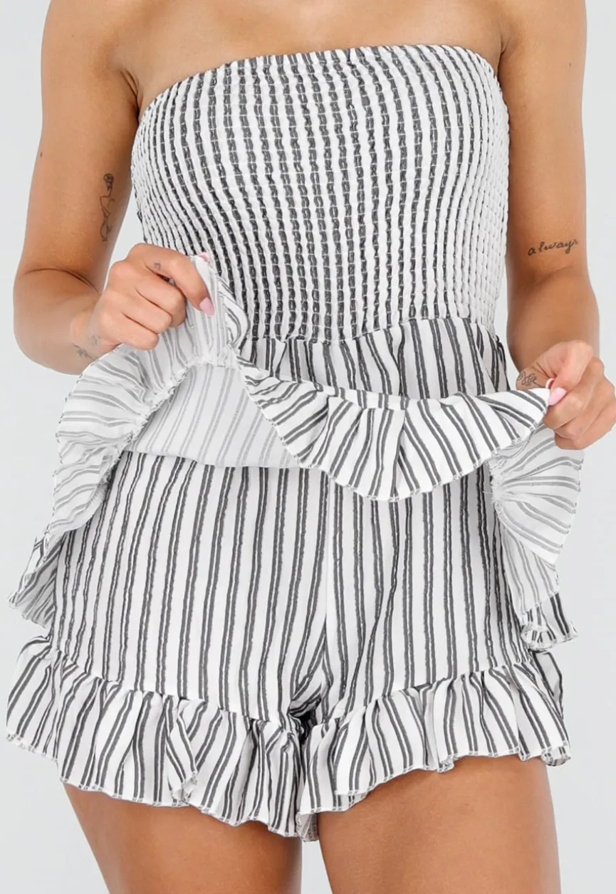 Wit Zwart Gestreepte Strapless Playsuit met Smokwerk en Ruches