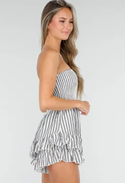 Wit Zwart Gestreepte Strapless Playsuit met Smokwerk en Ruches