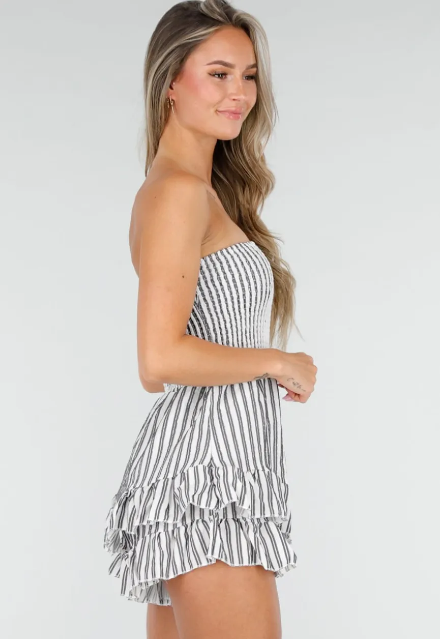 Wit Zwart Gestreepte Strapless Playsuit met Smokwerk en Ruches