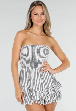 Wit Zwart Gestreepte Strapless Playsuit met Smokwerk en Ruches