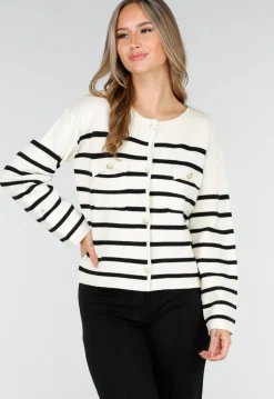 Wit Zwart Gestreept Vest met Gouden Knopen en Pockets