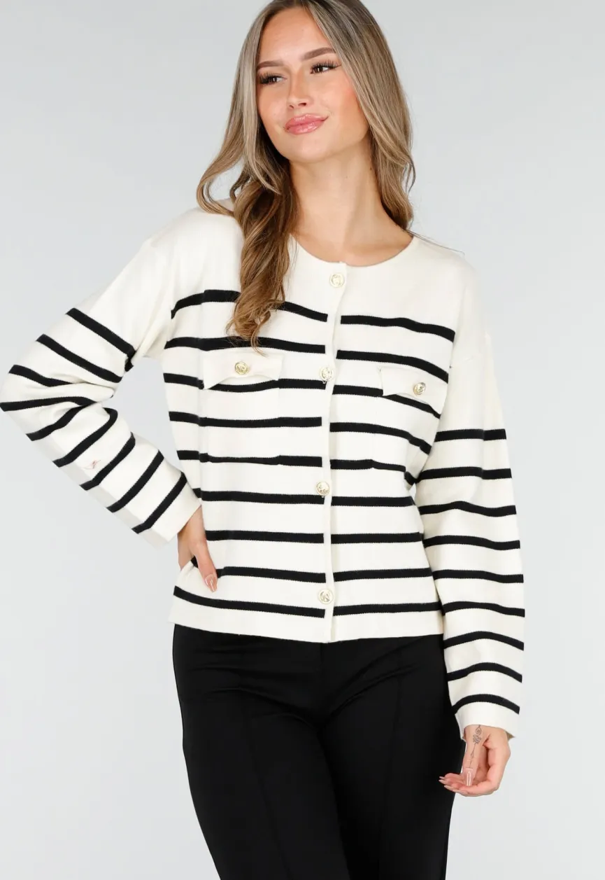 Wit Zwart Gestreept Vest met Gouden Knopen en Pockets