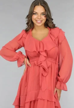 Zalmroze Ruffle Chiffon Maxi Jurk