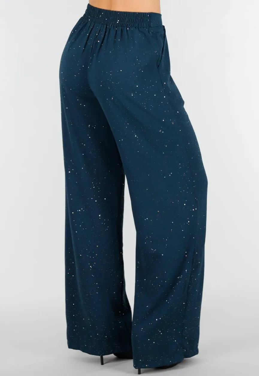 Zeeblauwe Linnenlook Glitter Pantalon met Stretchband