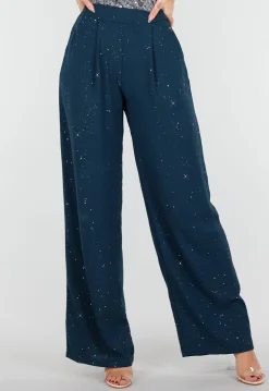 Zeeblauwe Linnenlook Glitter Pantalon met Stretchband