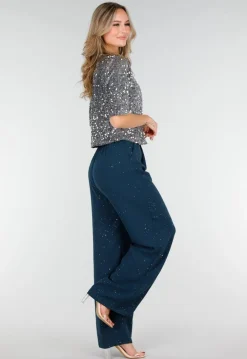 Zeeblauwe Linnenlook Glitter Pantalon met Stretchband
