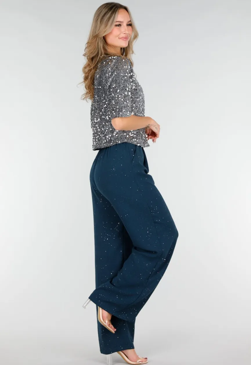 Zeeblauwe Linnenlook Glitter Pantalon met Stretchband
