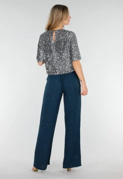 Zeeblauwe Linnenlook Glitter Pantalon met Stretchband