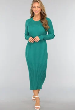 Zeegroene Longsleeve Rib Midi Jurk
