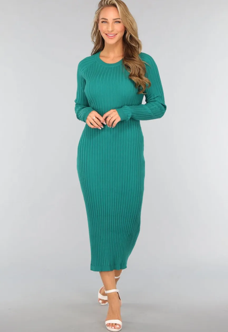 Zeegroene Longsleeve Rib Midi Jurk