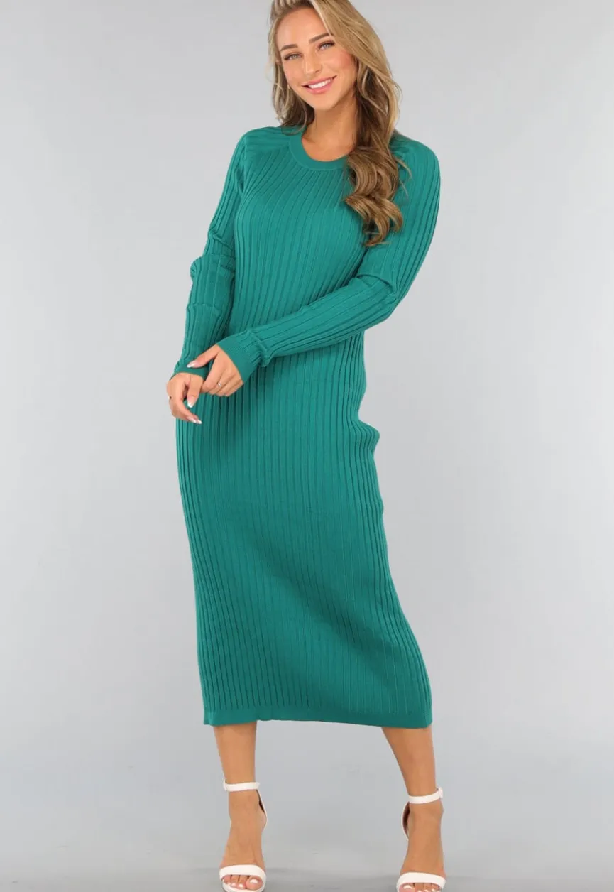 Zeegroene Longsleeve Rib Midi Jurk