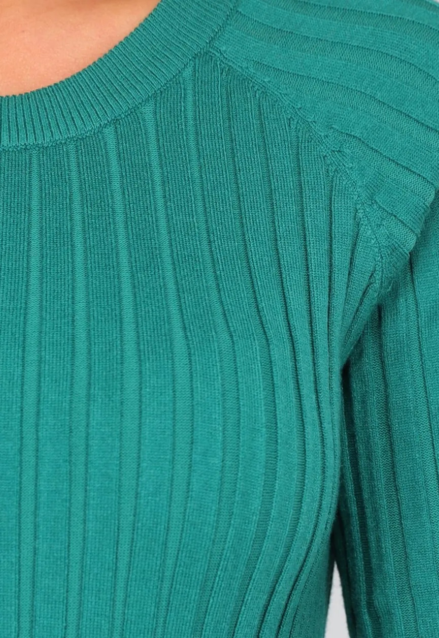 Zeegroene Longsleeve Rib Midi Jurk