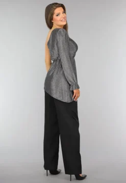 Zilveren Asymmetrische One Sleeve Glitter Top