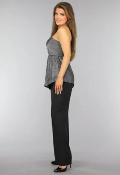 Zilveren Asymmetrische One Sleeve Glitter Top