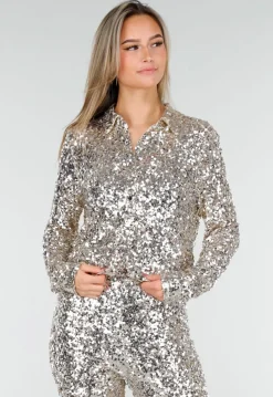 Zilveren Blouse met All Over Pailletten en Klassieke Kraag