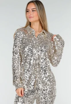 Zilveren Blouse met All Over Pailletten en Klassieke Kraag
