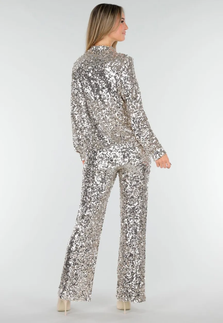 Zilveren Blouse met All Over Pailletten en Klassieke Kraag