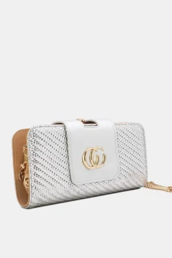 Zilveren Clutch van Gevlochten Imitatieleer met Gouden Chain