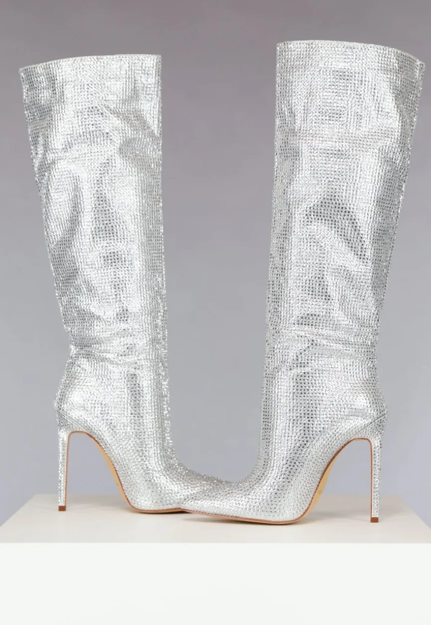 Zilveren Glitter Laarzen met Dunne Hak