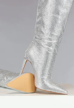 Zilveren Glitter Laarzen met Dunne Hak