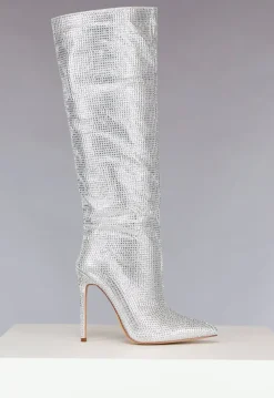 Zilveren Glitter Laarzen met Dunne Hak