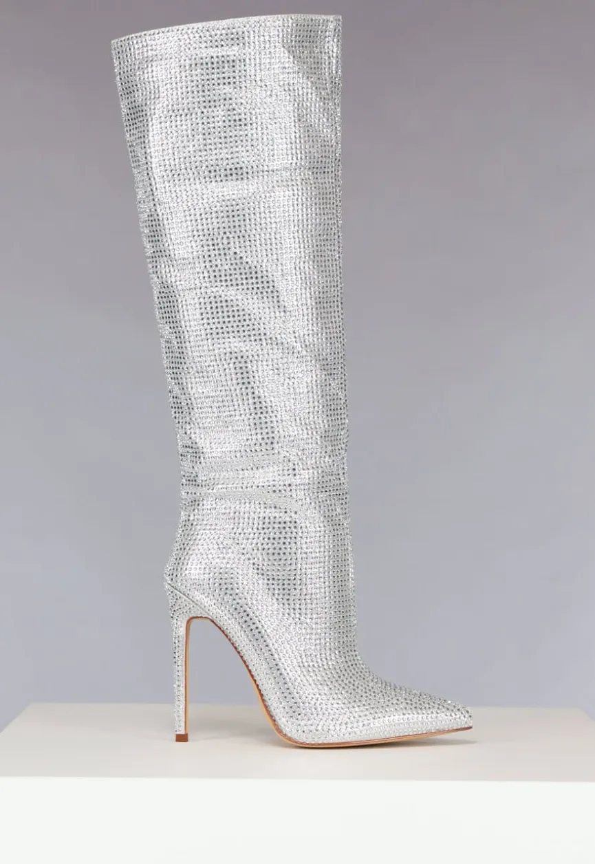 Zilveren Glitter Laarzen met Dunne Hak