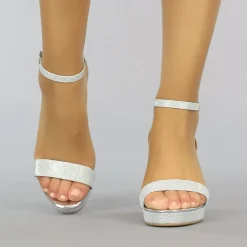 Zilveren Glitter Sandaletten met Stevige Hak