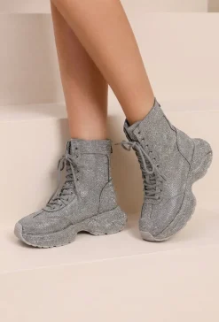 Zilveren Glitter Sneakers met Hoge Schacht, Veters en Rits