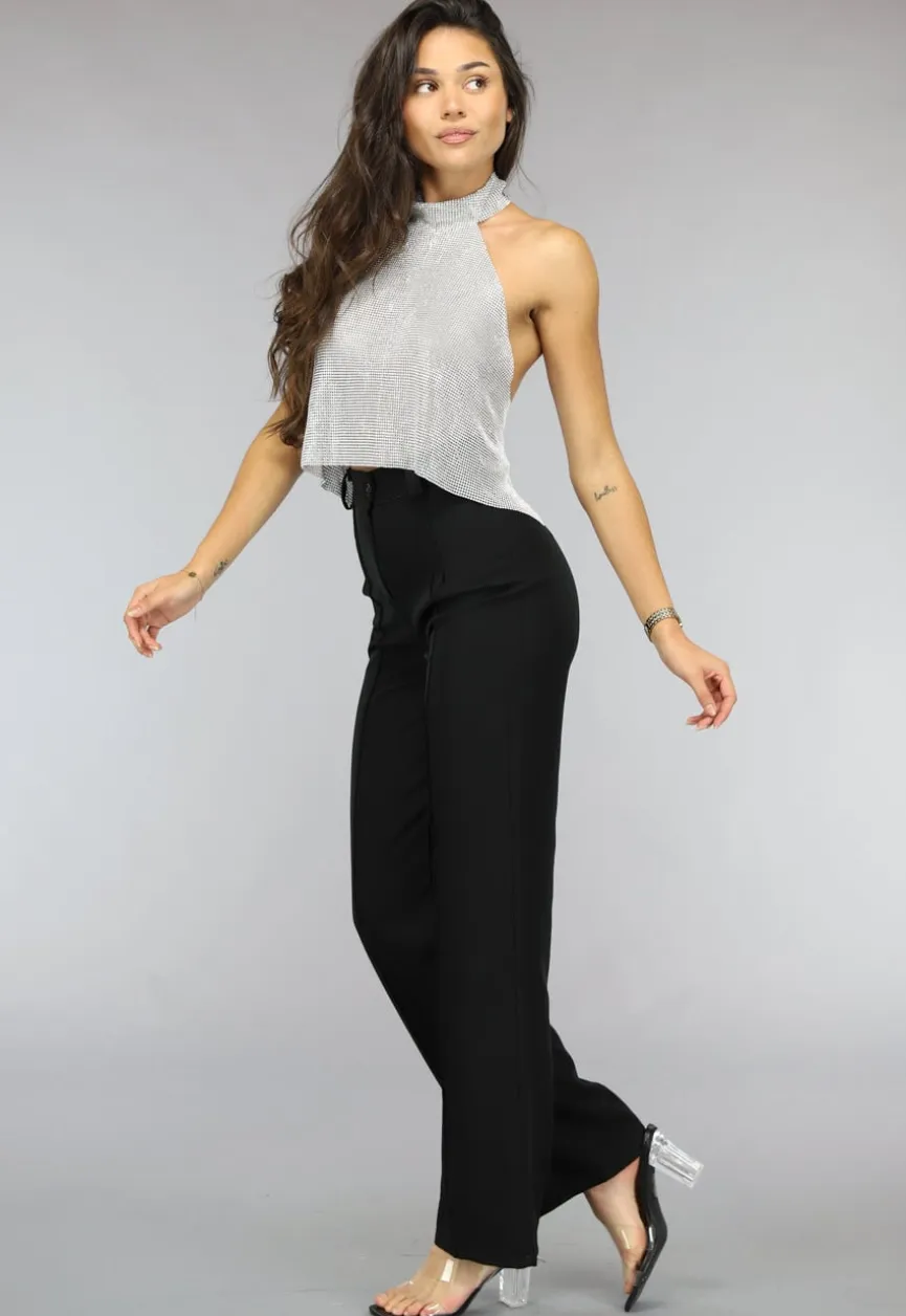 Zilveren Halter Glitter Chain Top met Open Rug