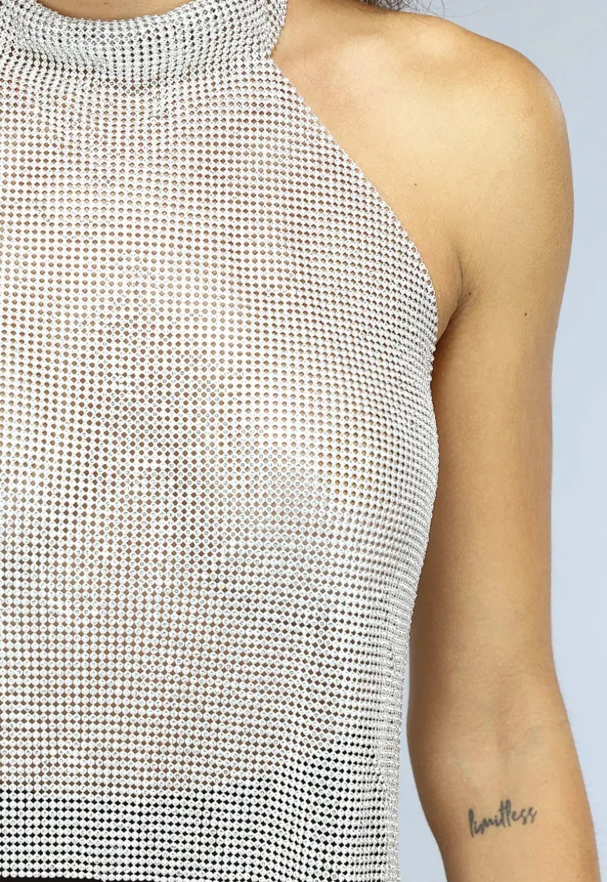 Zilveren Halter Glitter Chain Top met Open Rug