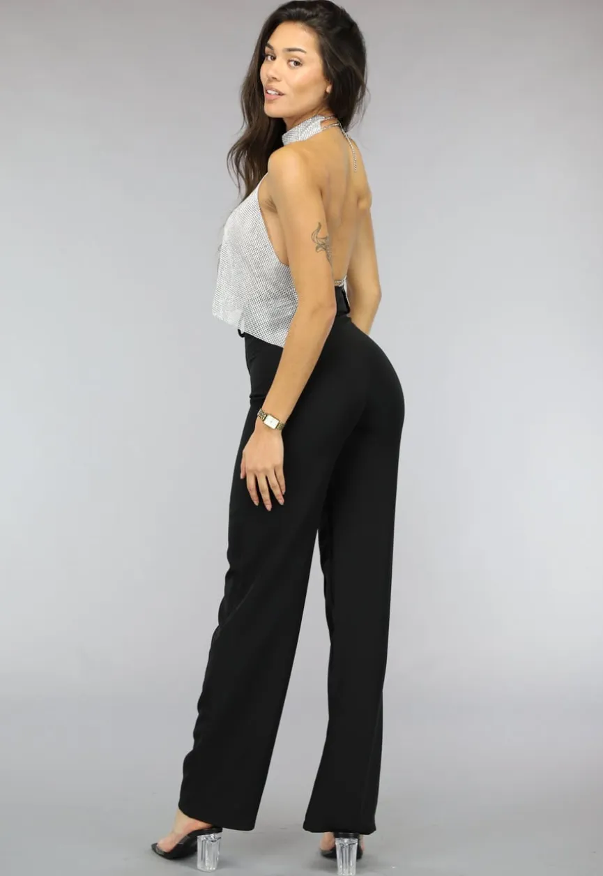 Zilveren Halter Glitter Chain Top met Open Rug