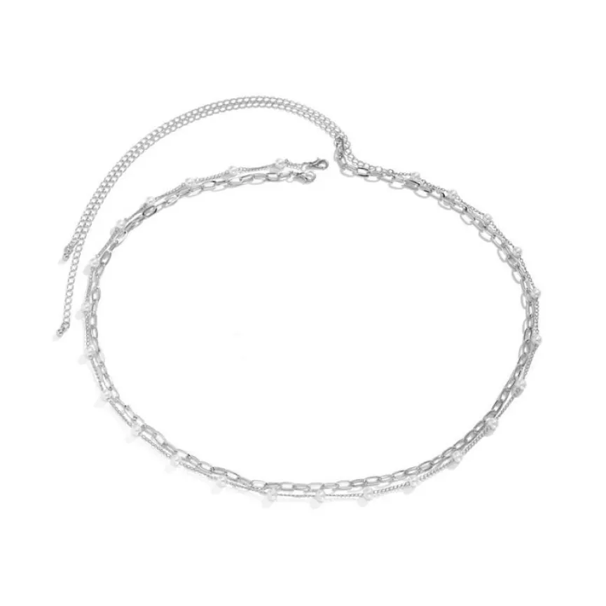 Zilveren Heup Bodychain met Schakels en Parels