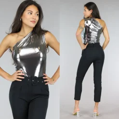 Zilveren Holografische Metallic One Shoulder Bodysuit