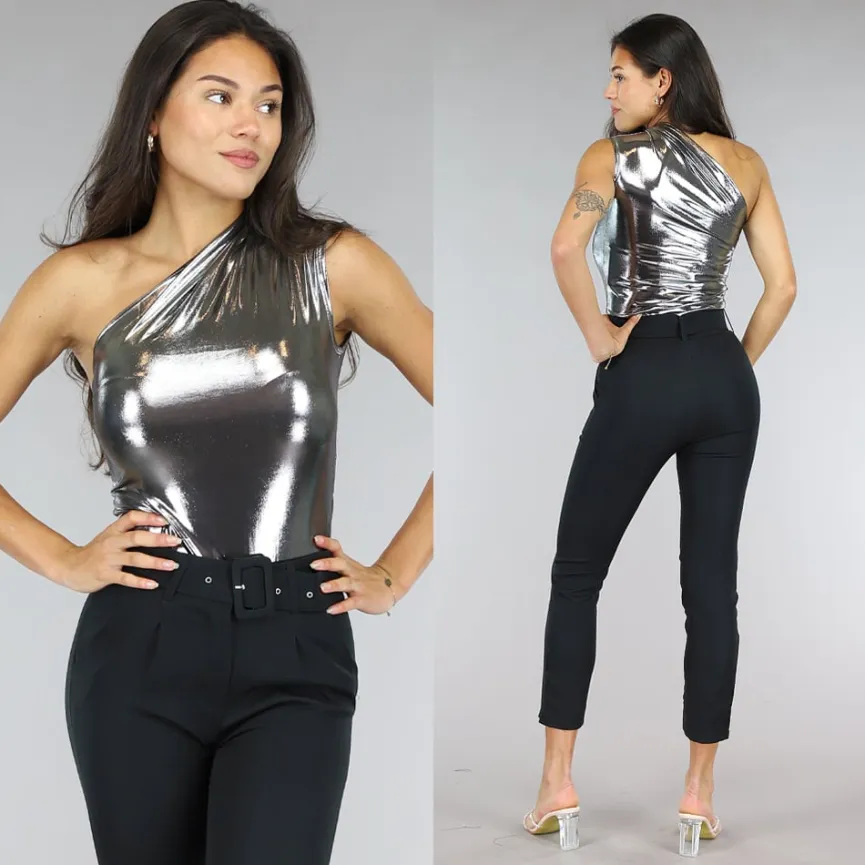 Zilveren Holografische Metallic One Shoulder Bodysuit