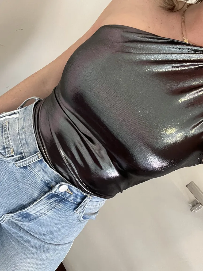 Zilveren Holografische Metallic One Shoulder Bodysuit