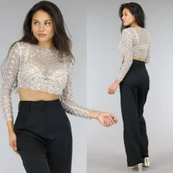 Zilveren Longsleeve Mesh Top met Parels
