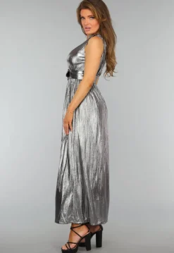 Zilveren Metallic One Shoulder Galajurk met Riem en Split