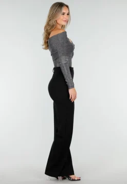 Zilveren Off Shoulder Top met Lange Mouwen