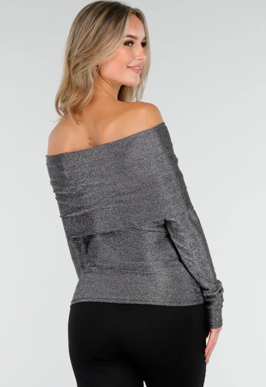 Zilveren Off Shoulder Top met Lange Mouwen