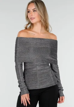 Zilveren Off Shoulder Top met Lange Mouwen