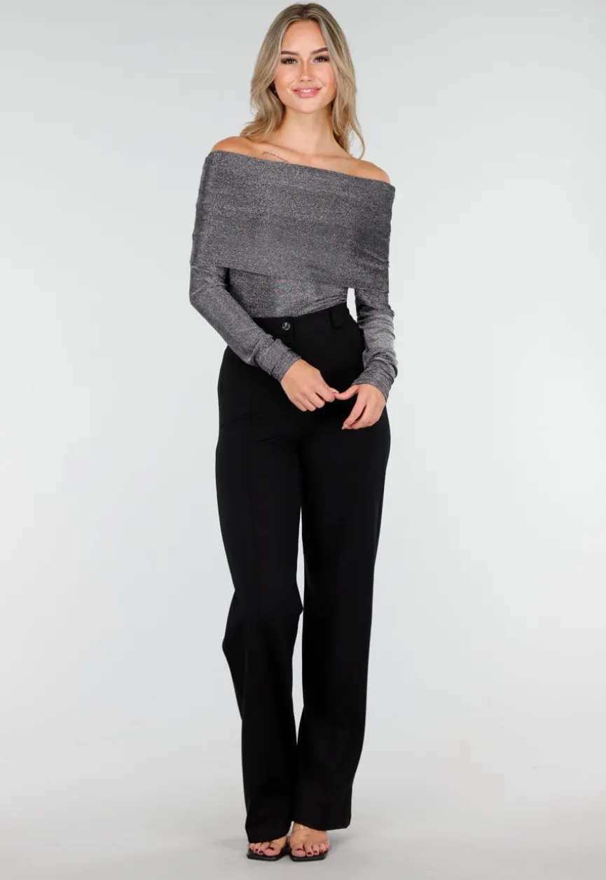 Zilveren Off Shoulder Top met Lange Mouwen